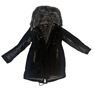 Steve Madden Black Faux-Fur Trim Leather Detailed Winter Coat